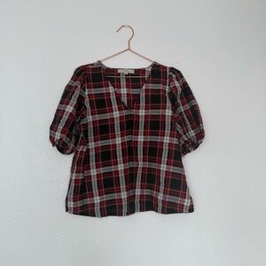 LOFT Black and Red Checkered Puff Sleeve Blouse
